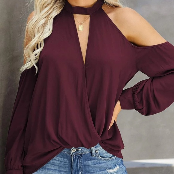 Boho Navy Blue Cut out Cold Shoulder Blouse - Picture 5 of 9